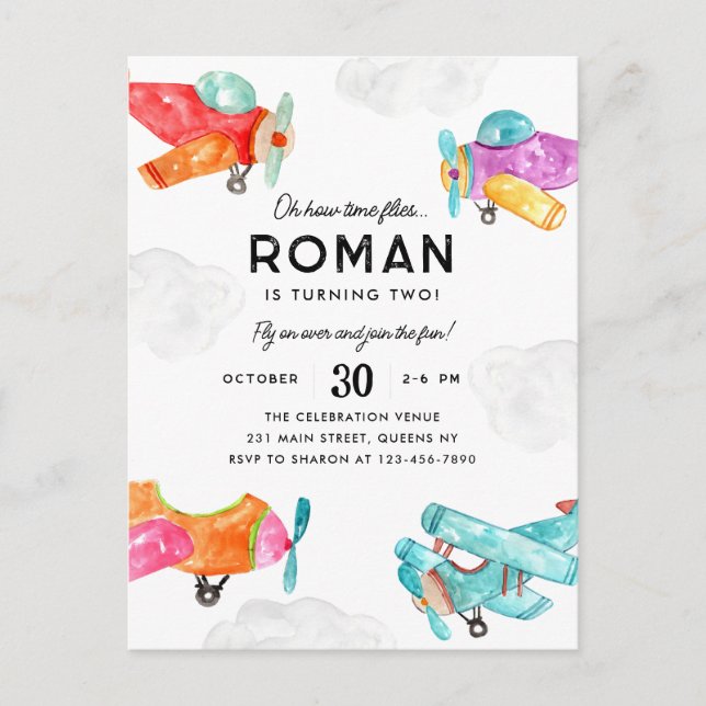 Watercolor Planes Clouds Sky Kid Airplane Birthday Postcard (Front)