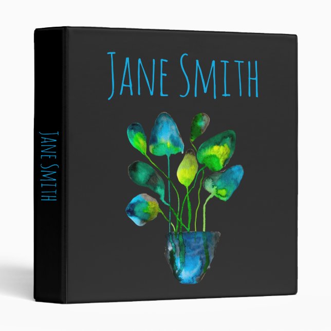 Watercolor plant art green and blue abstract binder (Front/Spine)