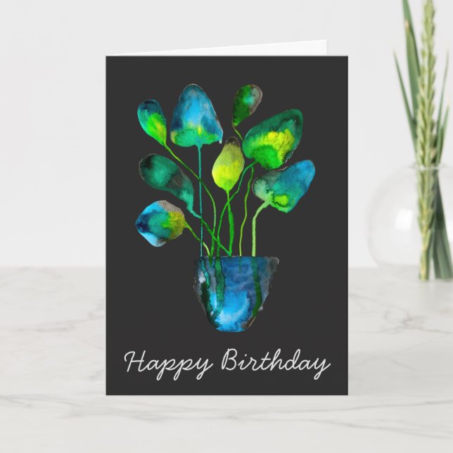 Watercolor plant art green and blue abstract card (Front)