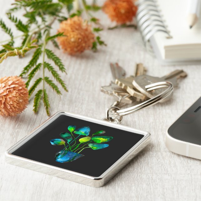 Watercolor plant art green and blue abstract keychain (Side)