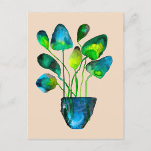 Watercolor plant art green and blue abstract postcard