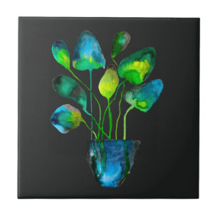 Watercolor plant art green and blue abstract tile