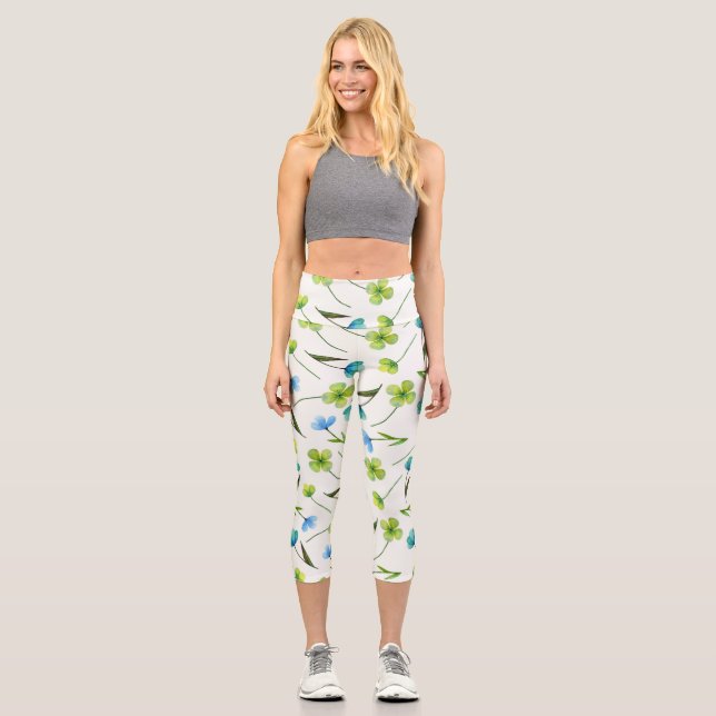 Watercolor Plants: Floral Seamless Pattern. Capri Leggings (Front)
