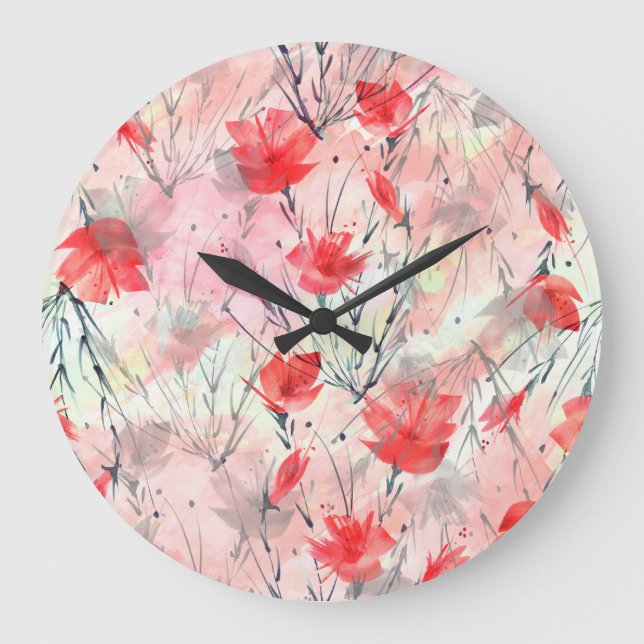 Watercolor Plants Herbs Flowers Pattern Large Clock (Front)