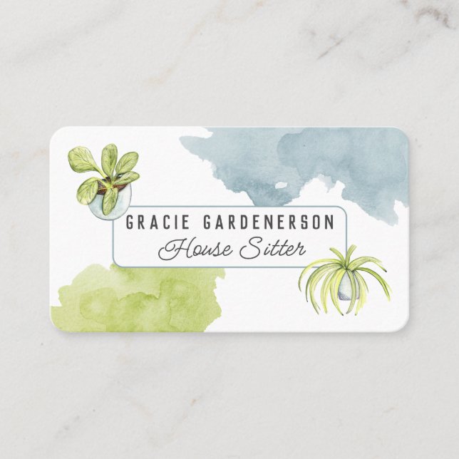 Watercolor Plants House Sitter  Business Card (Front)