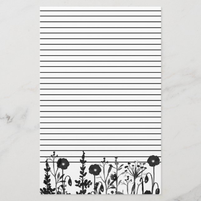 Watercolor Plants Wildflowers Black Lined Stationery (Front)