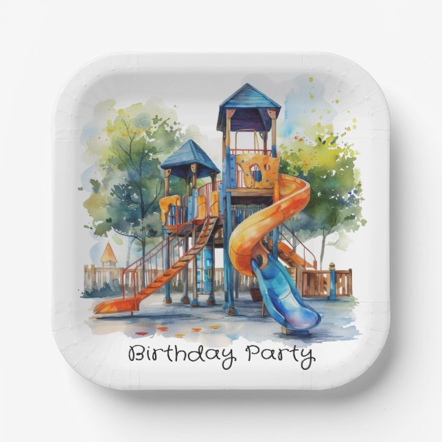 Watercolor Playground Park Kid's Birthday Party Paper Plate (Front)