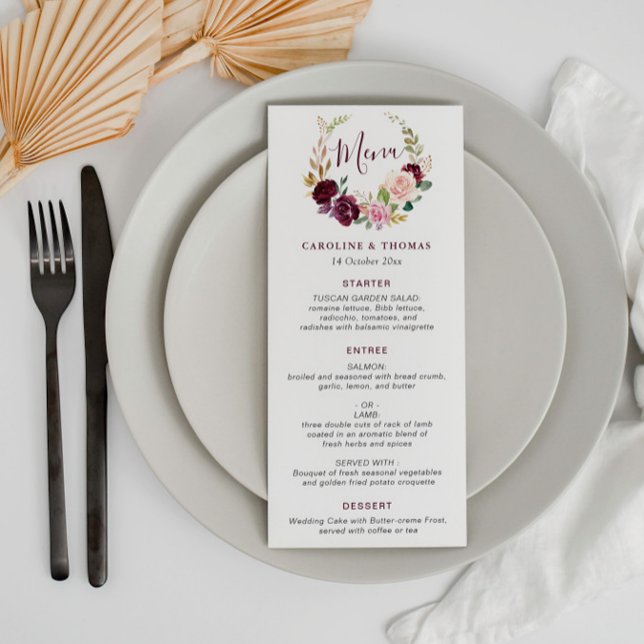 Watercolor plum purple & peach wedding menu (Creator Uploaded)