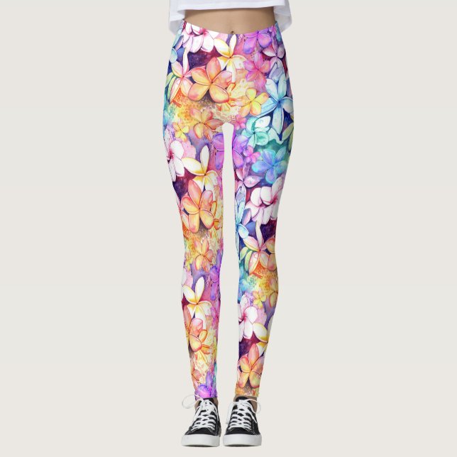 Watercolor Plumeria Flowers of Hawaii Leggings (Front)