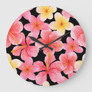 Watercolor Plumeria Hibiscus Flowers Pattern Large Clock
