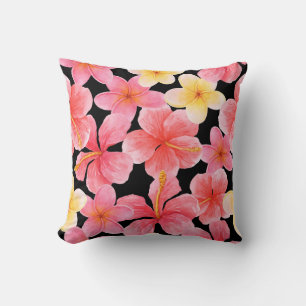 Watercolor Plumeria Hibiscus Flowers Pattern Throw Pillow