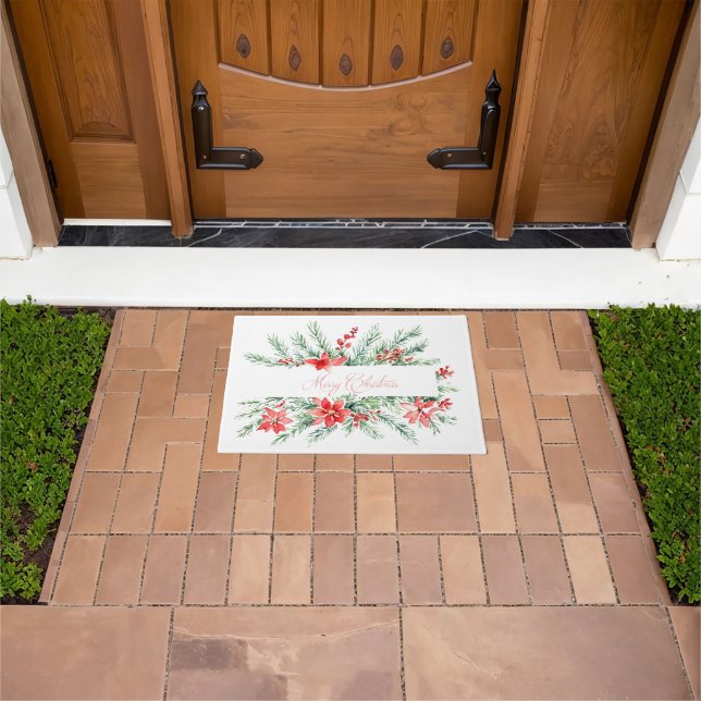 Watercolor poinsettia and greenery Christmas Doormat (Outdoor)