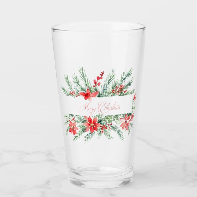 Watercolor poinsettia and greenery Christmas Glass (Front)