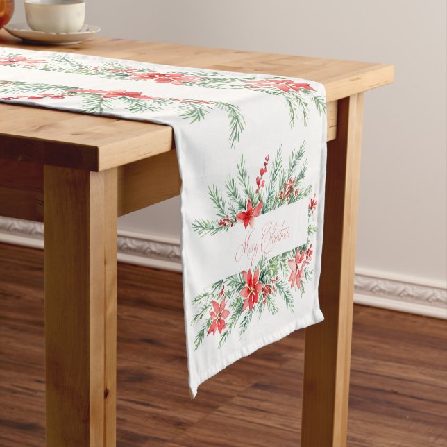Watercolor poinsettia and greenery Christmas Short Table Runner (In Situ)