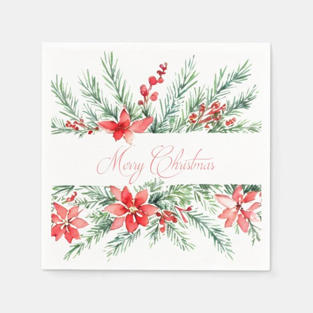 Watercolor poinsettia and greenery  napkin (Front)
