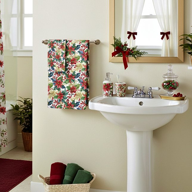 Watercolor poinsettia and holly pattern Christmas Bath Towel Set (Creator Uploaded)