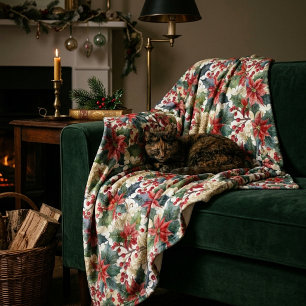 Watercolor poinsettia and holly pattern Christmas Fleece Blanket