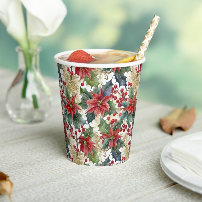 Watercolor poinsettia and holly pattern Christmas Paper Cups (Insitu)