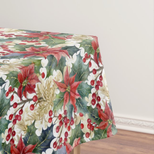 Watercolor poinsettia and holly pattern Christmas Tablecloth (In Situ)