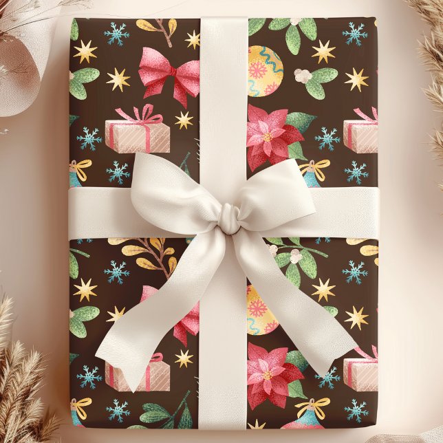 Watercolor Poinsettia and Mistletoe Christmas Wrapping Paper (Creator Uploaded)