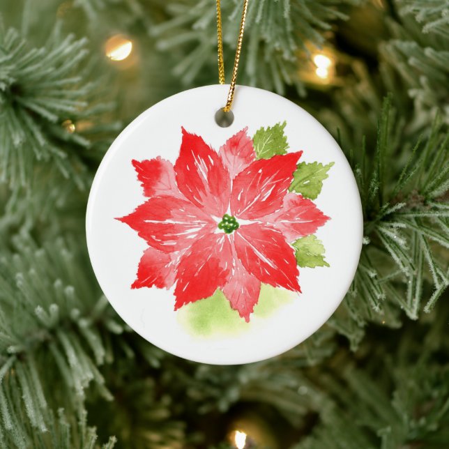 Watercolor Poinsettia Ceramic Ornament (Tree)