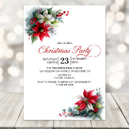 Watercolor Poinsettia Christmas Party Invitation