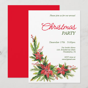 Watercolor poinsettia Christmas Party Invitation