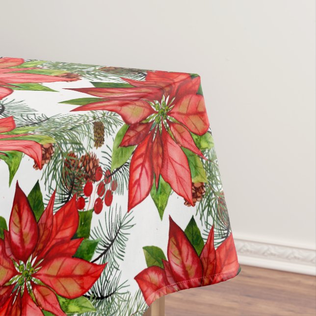 Watercolor Poinsettia Christmas  Tablecloth (In Situ)