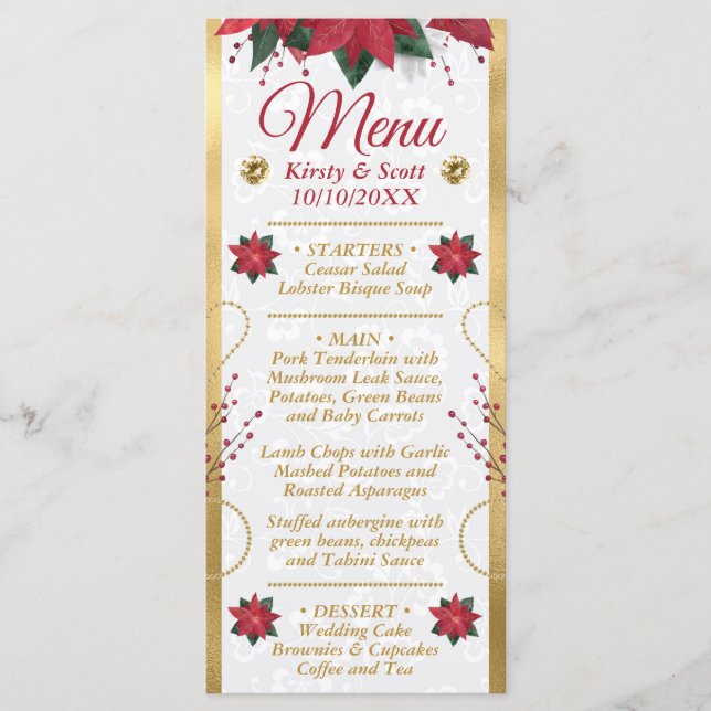 Watercolor Poinsettia Christmas Winter Wedding Menu (Front)