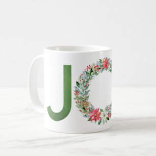 Watercolor Poinsettia Christmas Wreath Joy Coffee Mug