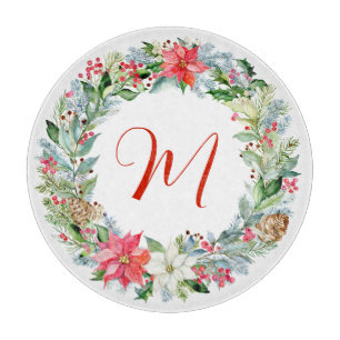 Watercolor Poinsettia Christmas Wreath Monogram Cutting Board