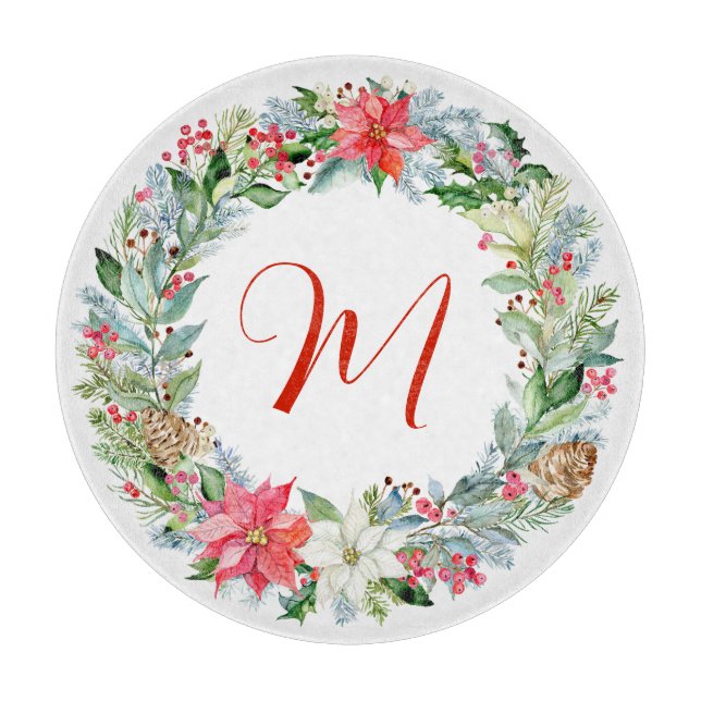 Watercolor Poinsettia Christmas Wreath Monogram Cutting Board (Front)
