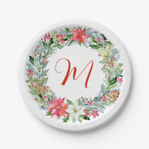 Watercolor Poinsettia Christmas Wreath Monogram Paper Plate