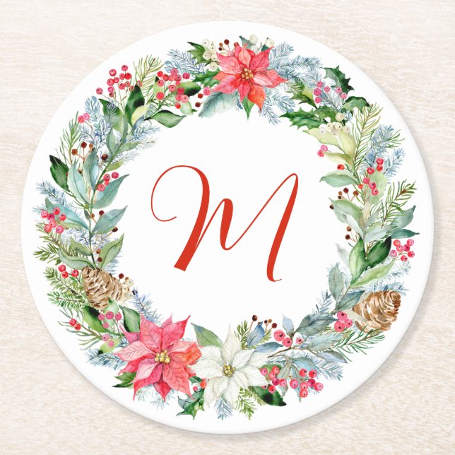 Watercolor Poinsettia Christmas Wreath Monogram Round Paper Coaster (Front)