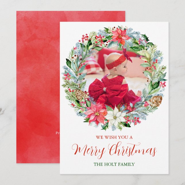 Watercolor Poinsettia Christmas Wreath Photo Cards (Front/Back)