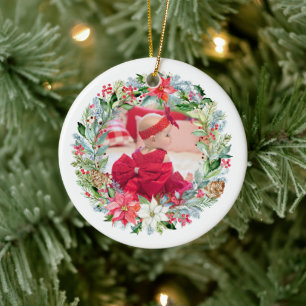 Watercolor Poinsettia Christmas Wreath Photo Ceramic Ornament