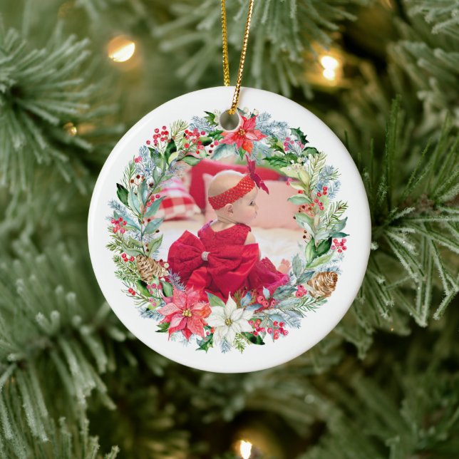 Watercolor Poinsettia Christmas Wreath Photo Ceramic Ornament (Tree)