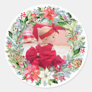 Watercolor Poinsettia Christmas Wreath Photo Classic Round Sticker