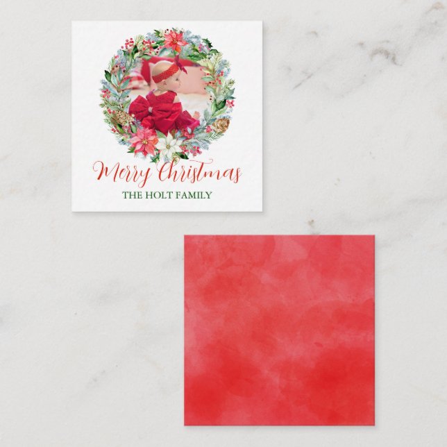 Watercolor Poinsettia Christmas Wreath Photo Gift Card (Front/Back)