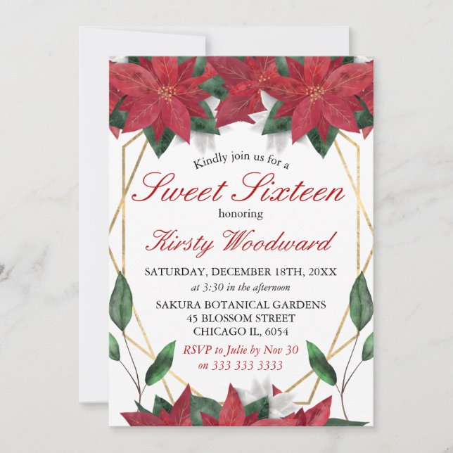 Watercolor Poinsettia Floral Christmas Sweet 16 Invitation (Front)