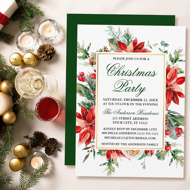 Watercolor Poinsettia Floral Green Christmas Party Invitation (Customize to change text size, text style or color of back of card.)