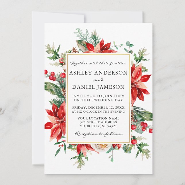 Watercolor Poinsettia Floral Greenery Wedding Invitation (Front)