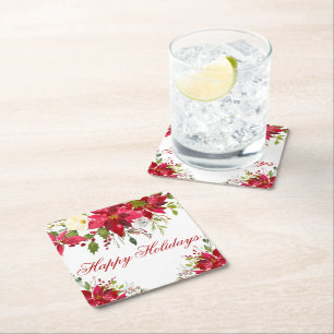 Watercolor Poinsettia Floral Happy Holidays Square Paper Coaster