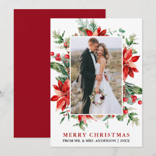Watercolor Poinsettia Floral Newlywed Christmas Holiday Card