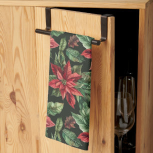 Watercolor Poinsettia flower Christmas Kitchen Towel