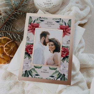 Watercolor Poinsettia Flowers with Photo and Gold Foil Holiday Card