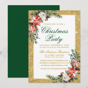 Watercolor Poinsettia Glitter Christmas Party Invitation