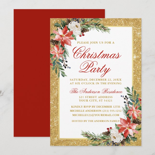 Watercolor Poinsettia Glitter Christmas Party Red Invitation (Front/Back)