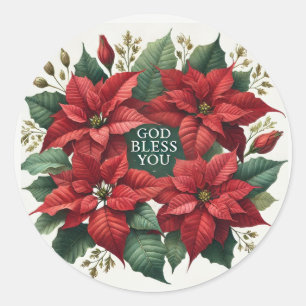 Watercolor Poinsettia "God Bless You" Christmas Classic Round Sticker