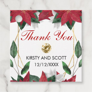 Watercolor Poinsettia Gold Frame Christmas Wedding Favour Tags